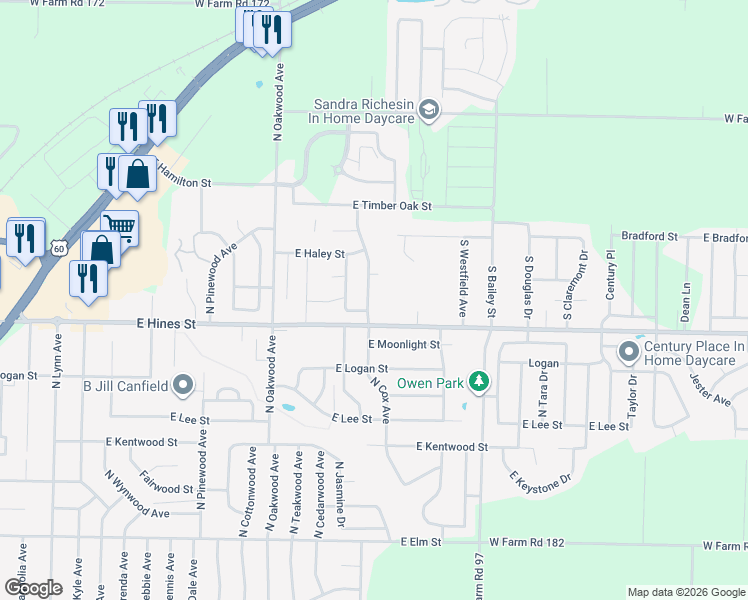 map of restaurants, bars, coffee shops, grocery stores, and more near 652 North Cox Avenue in Republic