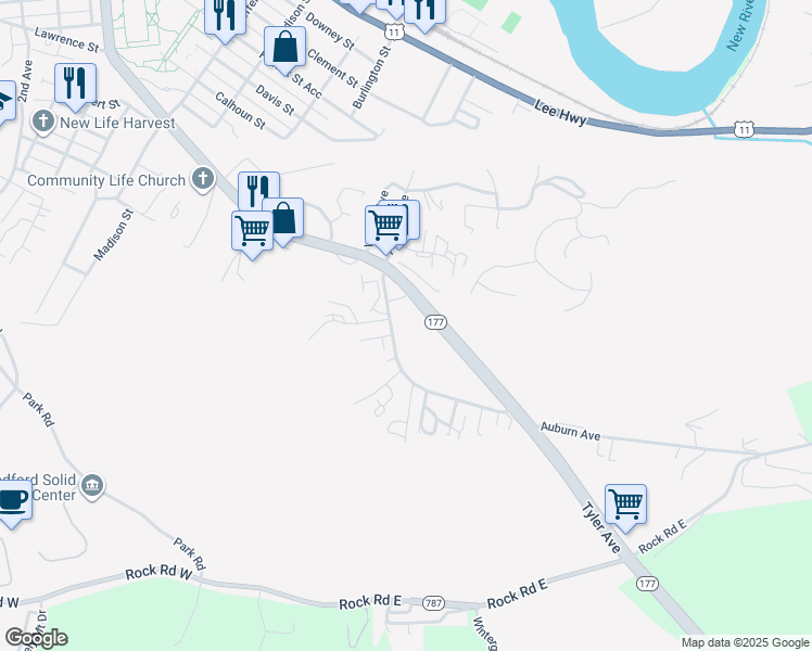 map of restaurants, bars, coffee shops, grocery stores, and more near 725 Auburn Avenue in Radford
