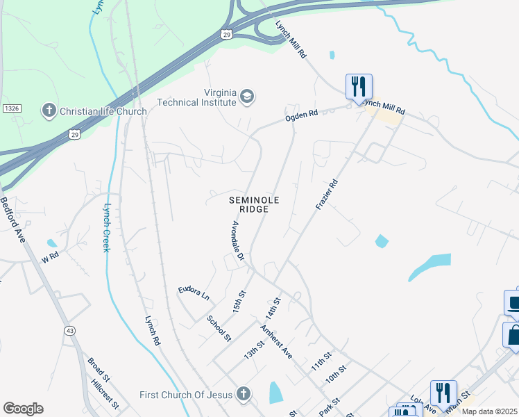 map of restaurants, bars, coffee shops, grocery stores, and more near 1614 Melinda Drive in Altavista