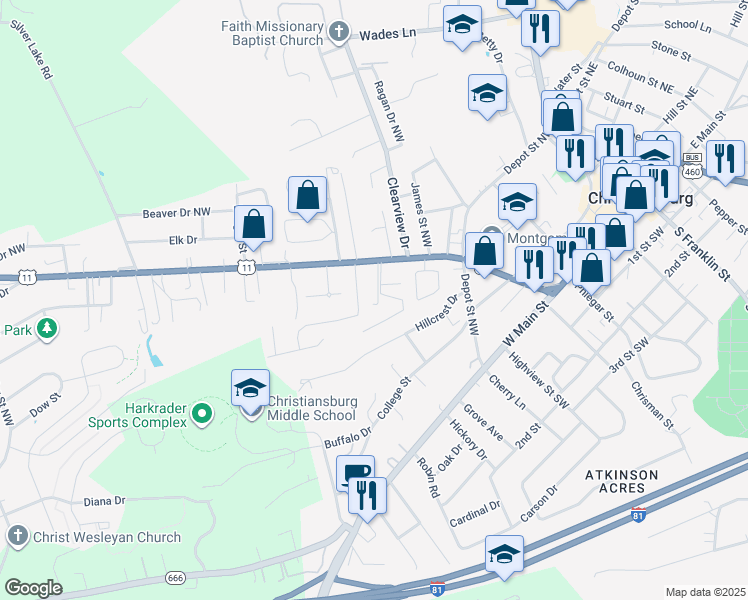 map of restaurants, bars, coffee shops, grocery stores, and more near 550 Underwood Street in Christiansburg