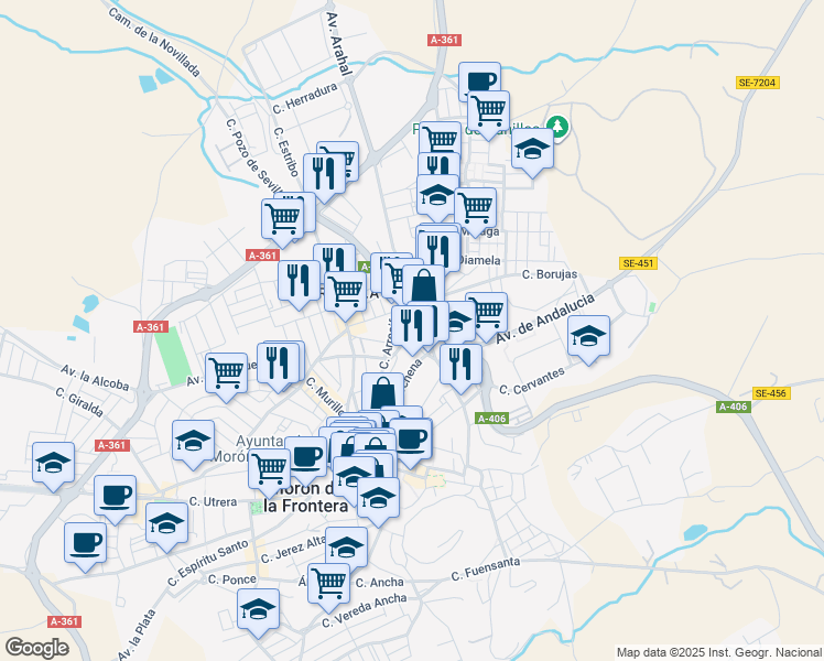 map of restaurants, bars, coffee shops, grocery stores, and more near 2 Avenida Pruna in Morón de la Frontera