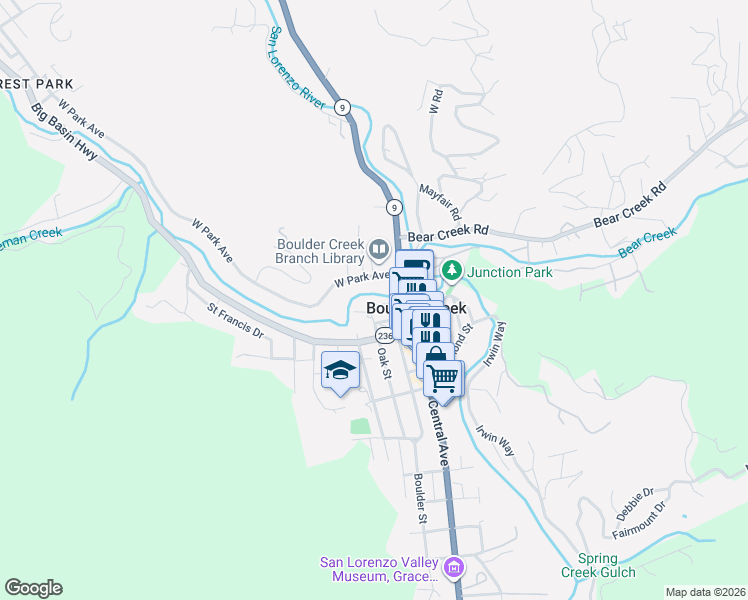 map of restaurants, bars, coffee shops, grocery stores, and more near 12 Haven Lane in Boulder Creek