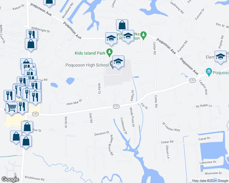 map of restaurants, bars, coffee shops, grocery stores, and more near 10 Key Oak Drive in Poquoson
