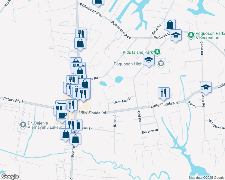 map of restaurants, bars, coffee shops, grocery stores, and more near 12 Old Pond Road in Poquoson