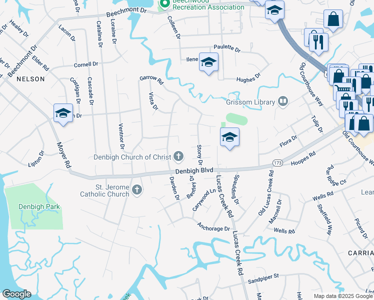 map of restaurants, bars, coffee shops, grocery stores, and more near 136 Gingerwood Ct in Newport News