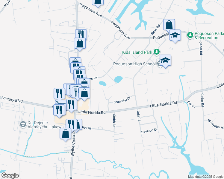 map of restaurants, bars, coffee shops, grocery stores, and more near 12 Old Pond Road in Poquoson