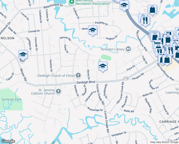 map of restaurants, bars, coffee shops, grocery stores, and more near 148 Gingerwood Court in Newport News