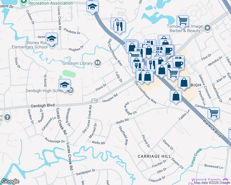 map of restaurants, bars, coffee shops, grocery stores, and more near 21 Hoopes Road in Newport News