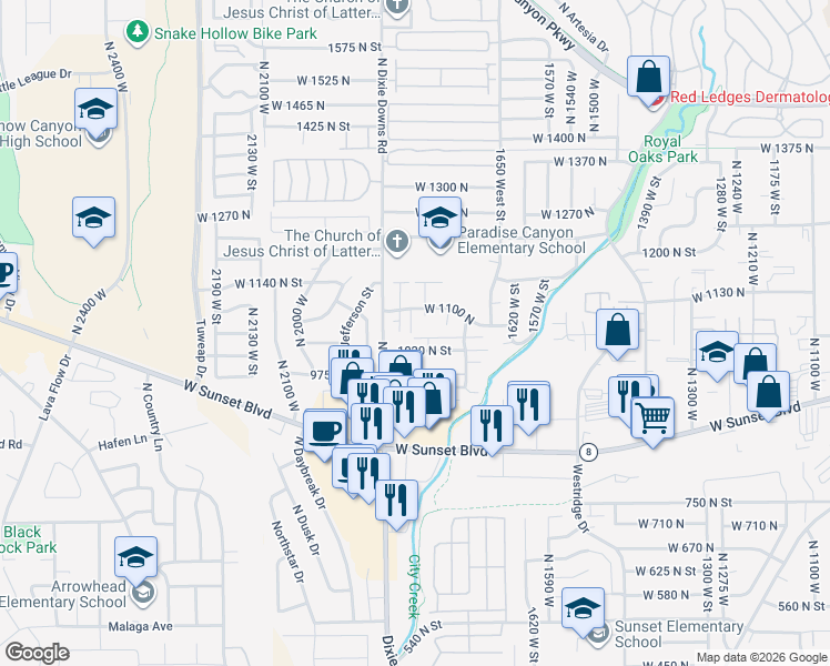 map of restaurants, bars, coffee shops, grocery stores, and more near 1045 North 1725 West in St. George