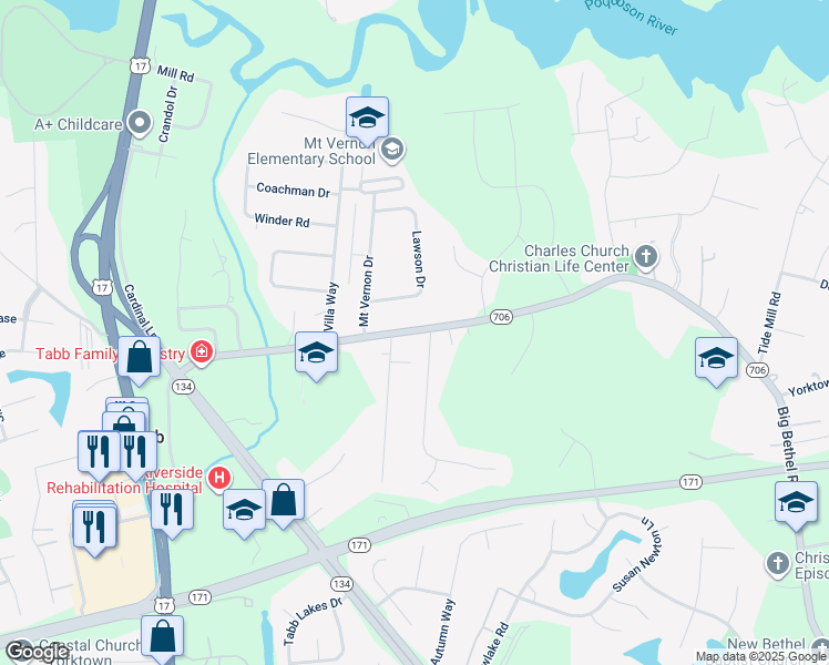 map of restaurants, bars, coffee shops, grocery stores, and more near 310 East Yorktown Road in Yorktown