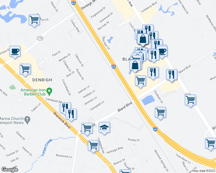 map of restaurants, bars, coffee shops, grocery stores, and more near 159 Jenness Lane in Newport News