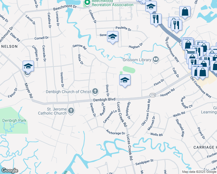 map of restaurants, bars, coffee shops, grocery stores, and more near 148 Gingerwood Court in Newport News