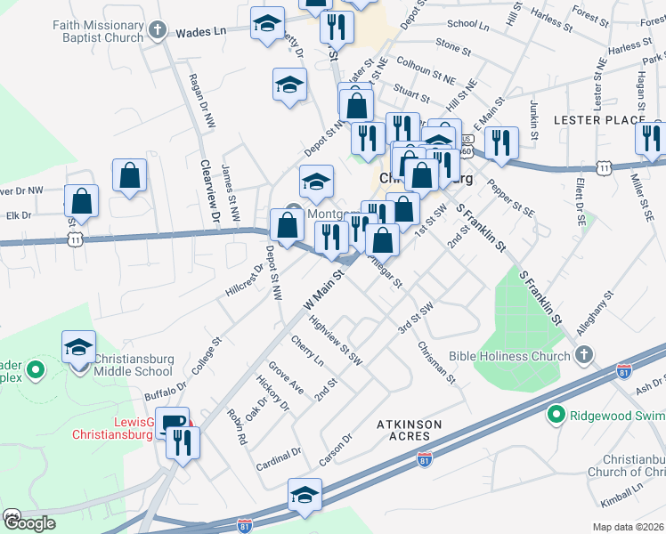 map of restaurants, bars, coffee shops, grocery stores, and more near 6 Radford Street in Christiansburg