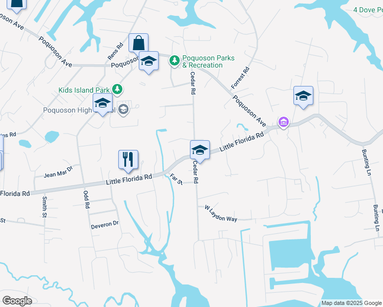 map of restaurants, bars, coffee shops, grocery stores, and more near 76 Cedar Road in Poquoson