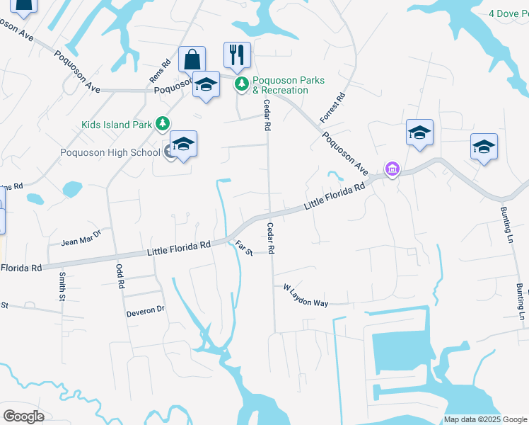 map of restaurants, bars, coffee shops, grocery stores, and more near 76 Cedar Road in Poquoson