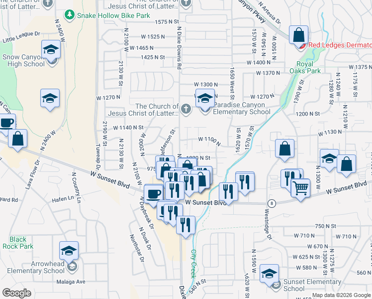 map of restaurants, bars, coffee shops, grocery stores, and more near 1840 West 1100 North in St. George