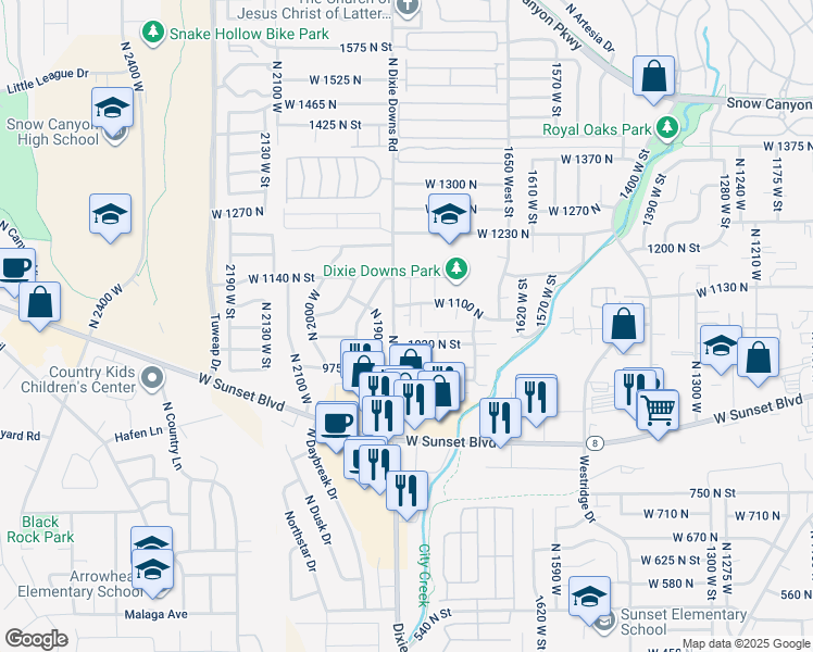 map of restaurants, bars, coffee shops, grocery stores, and more near 1840 1100 North in St. George