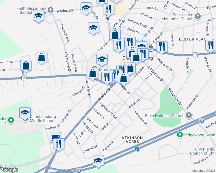 map of restaurants, bars, coffee shops, grocery stores, and more near 6 Radford St in Christiansburg
