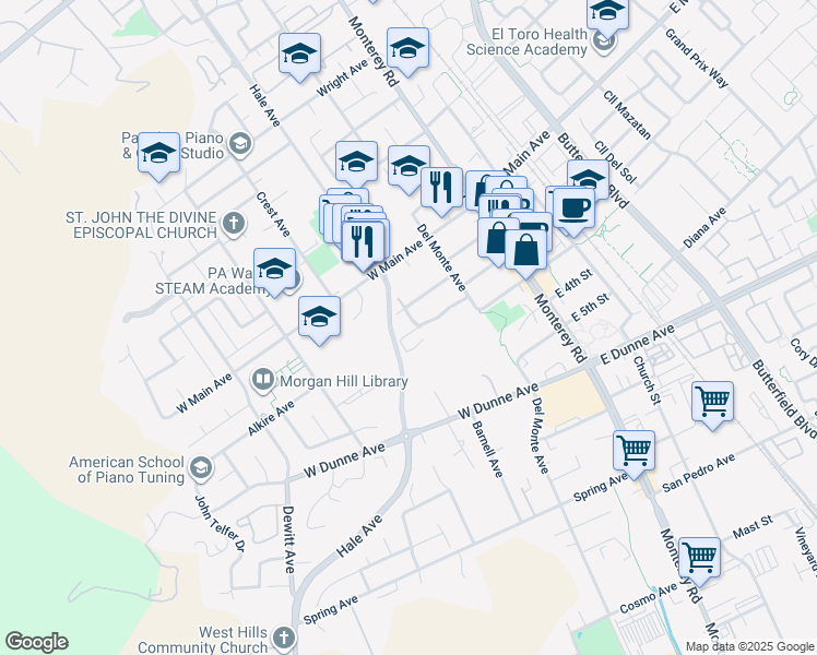 map of restaurants, bars, coffee shops, grocery stores, and more near 215 Nob Hill Terrace in Morgan Hill