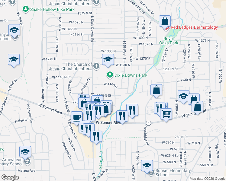 map of restaurants, bars, coffee shops, grocery stores, and more near 1045 North 1725 West in St. George