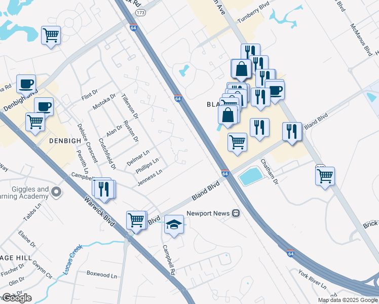 map of restaurants, bars, coffee shops, grocery stores, and more near 159 Jenness Lane in Newport News