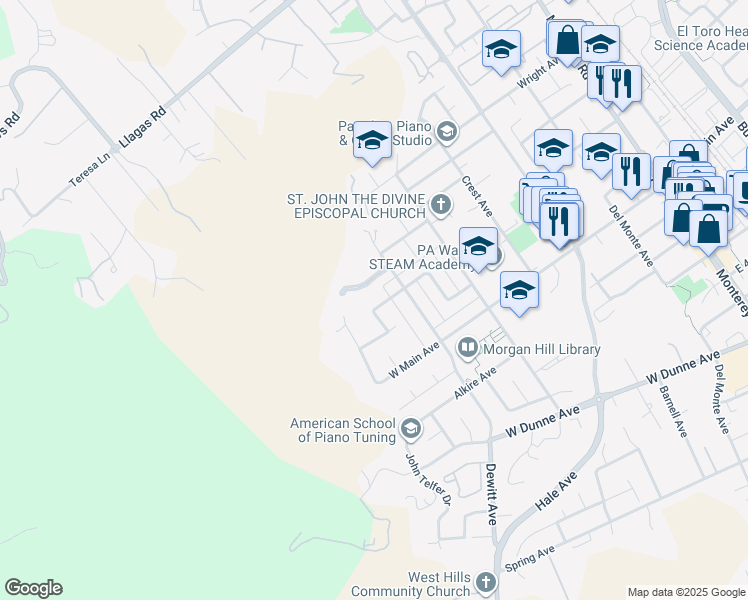 map of restaurants, bars, coffee shops, grocery stores, and more near 775 Claremont Drive in Morgan Hill