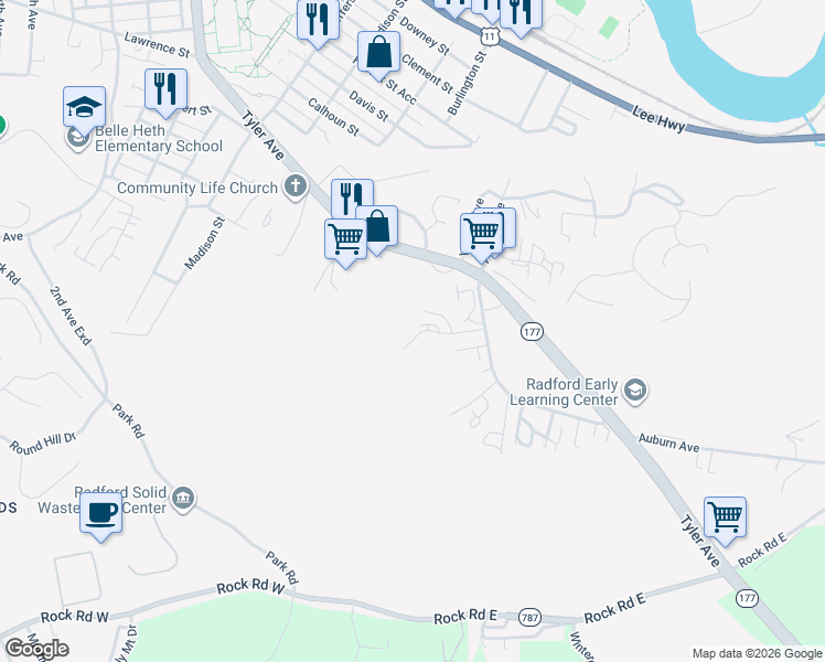 map of restaurants, bars, coffee shops, grocery stores, and more near 1400 Cedar Ridge Drive in Radford