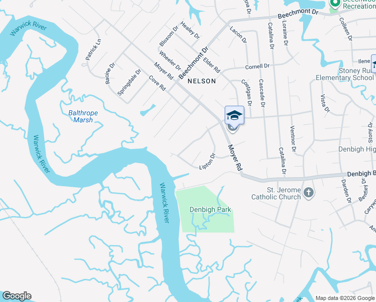 map of restaurants, bars, coffee shops, grocery stores, and more near 74 Shannon Drive in Newport News