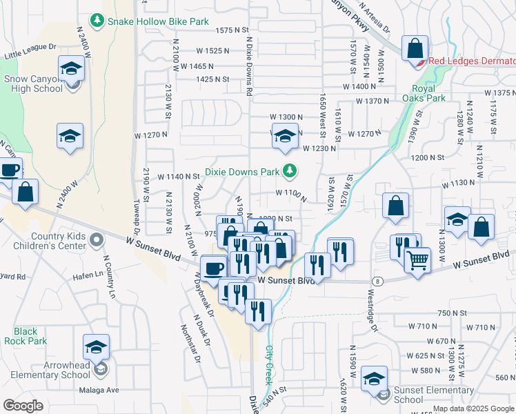 map of restaurants, bars, coffee shops, grocery stores, and more near 1840 West 1100 North in St. George