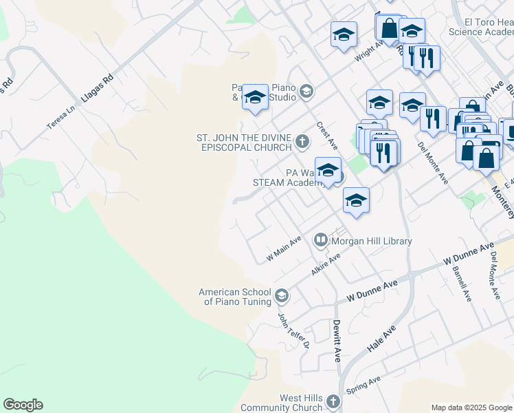 map of restaurants, bars, coffee shops, grocery stores, and more near 775 Claremont Drive in Morgan Hill