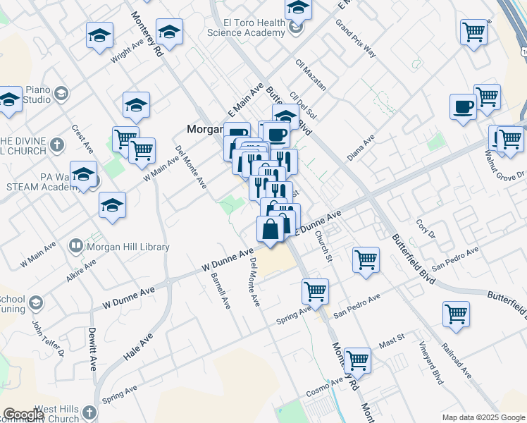 map of restaurants, bars, coffee shops, grocery stores, and more near 17105 Monterey Road in Morgan Hill