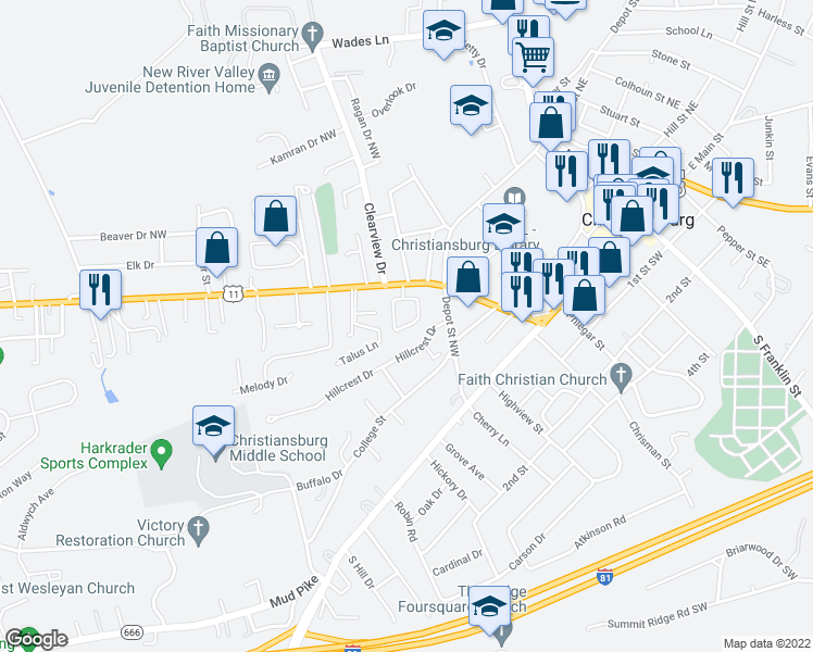 map of restaurants, bars, coffee shops, grocery stores, and more near 23 Lee Hy Ct in Christiansburg