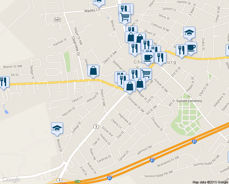 map of restaurants, bars, coffee shops, grocery stores, and more near 101 Eanes Circle in Christiansburg