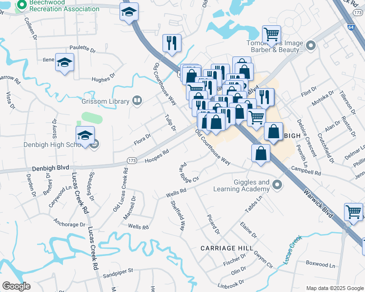 map of restaurants, bars, coffee shops, grocery stores, and more near 57 Carmella Circle in Newport News
