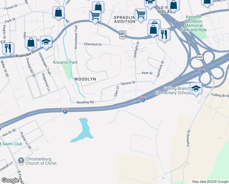 map of restaurants, bars, coffee shops, grocery stores, and more near 1122 Glen Court in Christiansburg
