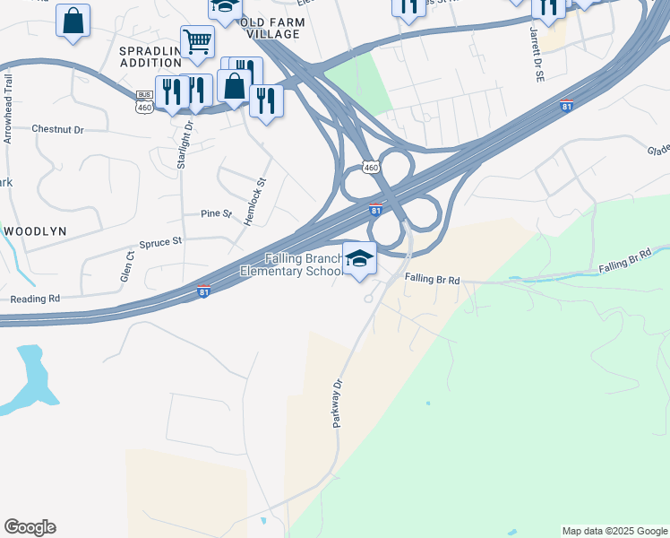 map of restaurants, bars, coffee shops, grocery stores, and more near 735 Falling Branch Road in Christiansburg