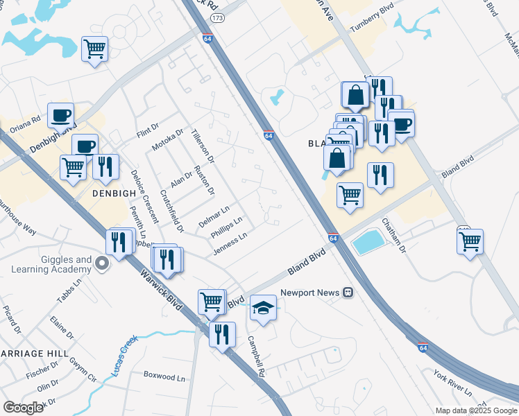 map of restaurants, bars, coffee shops, grocery stores, and more near 151 Jenness Lane in Newport News