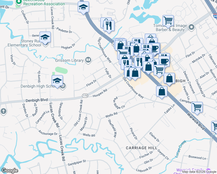 map of restaurants, bars, coffee shops, grocery stores, and more near 21 Hoopes Road in Newport News