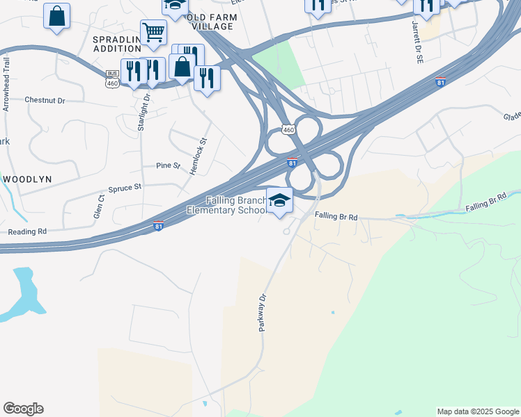 map of restaurants, bars, coffee shops, grocery stores, and more near 735 Falling Branch Road in Christiansburg