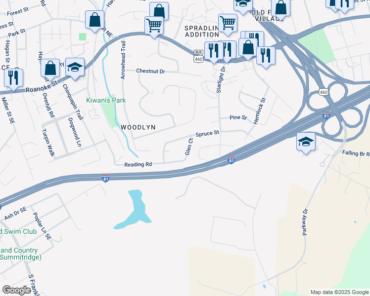 map of restaurants, bars, coffee shops, grocery stores, and more near 1122 Glen Court in Christiansburg