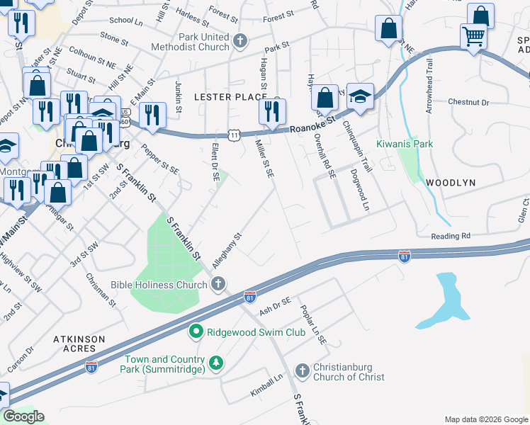 map of restaurants, bars, coffee shops, grocery stores, and more near 205 Alleghany Street in Christiansburg