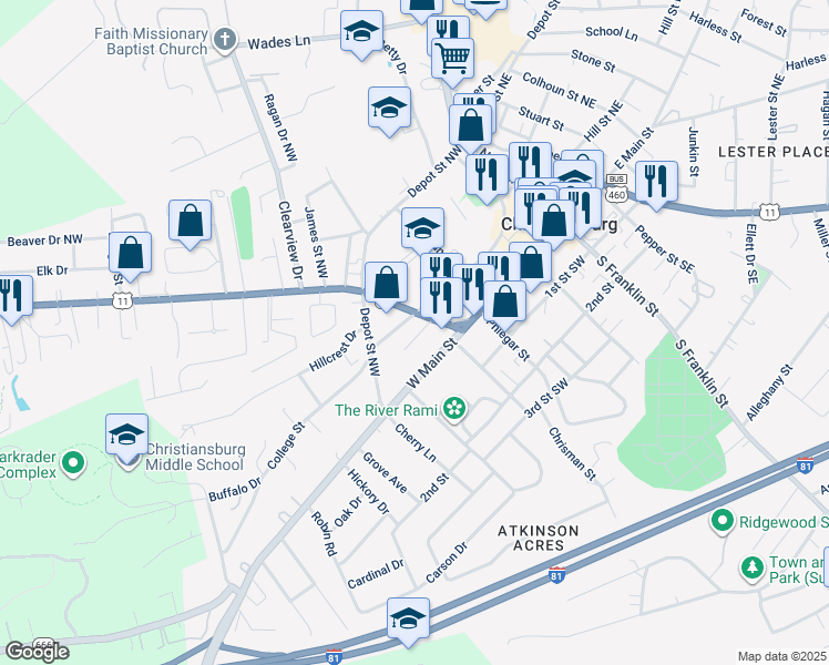 map of restaurants, bars, coffee shops, grocery stores, and more near 101 Eanes Circle in Christiansburg