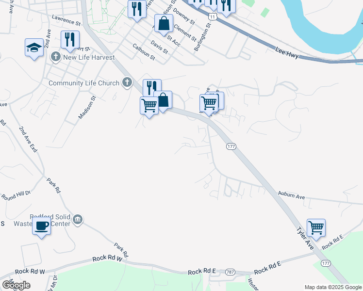 map of restaurants, bars, coffee shops, grocery stores, and more near 1400 Cedar Ridge Drive in Radford