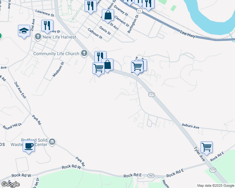 map of restaurants, bars, coffee shops, grocery stores, and more near 1400 Cedar Ridge Drive in Radford