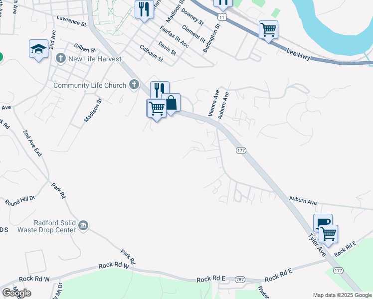 map of restaurants, bars, coffee shops, grocery stores, and more near 1400 Cedar Ridge Drive in Radford