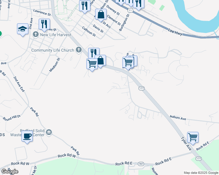 map of restaurants, bars, coffee shops, grocery stores, and more near 1400 Cedar Ridge Drive in Radford