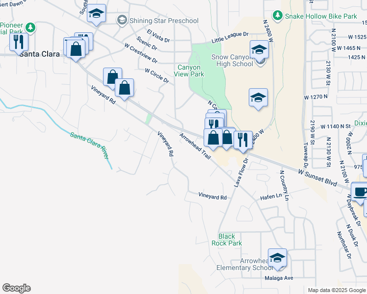 map of restaurants, bars, coffee shops, grocery stores, and more near 2447 Arrowhead Trail in Santa Clara