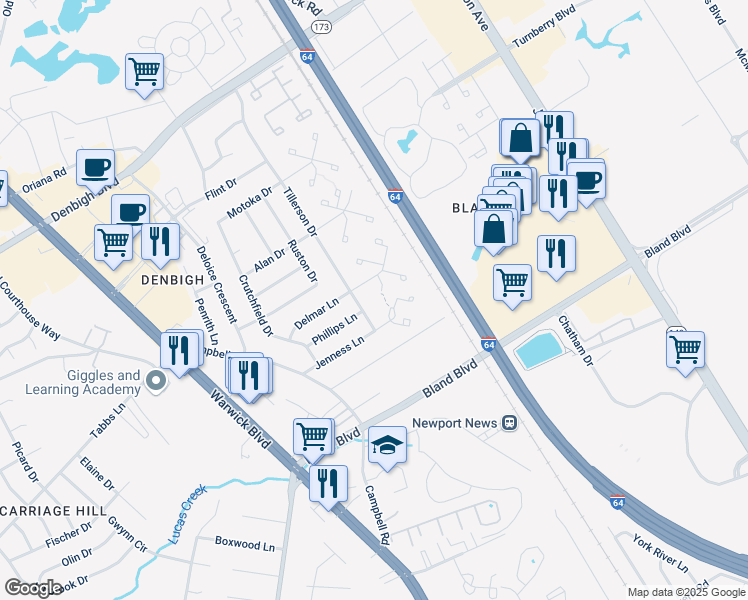 map of restaurants, bars, coffee shops, grocery stores, and more near 151 Jenness Lane in Newport News