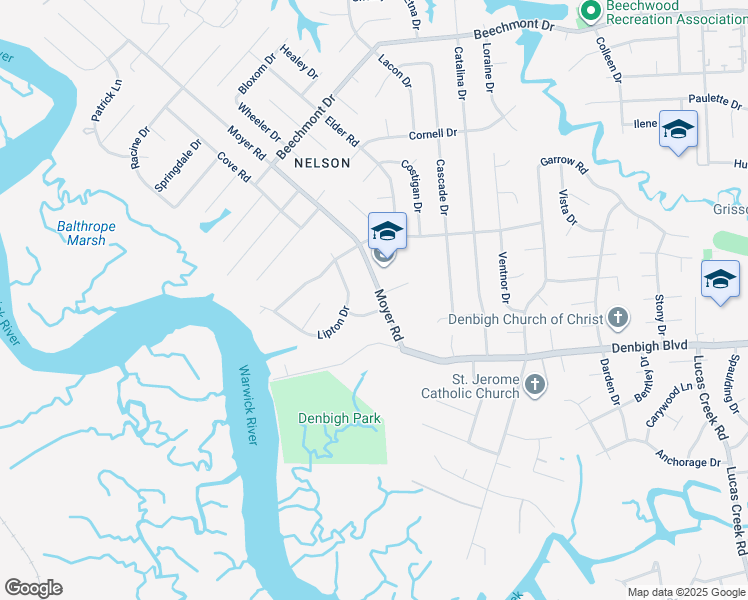 map of restaurants, bars, coffee shops, grocery stores, and more near 17 Moyer Road in Newport News