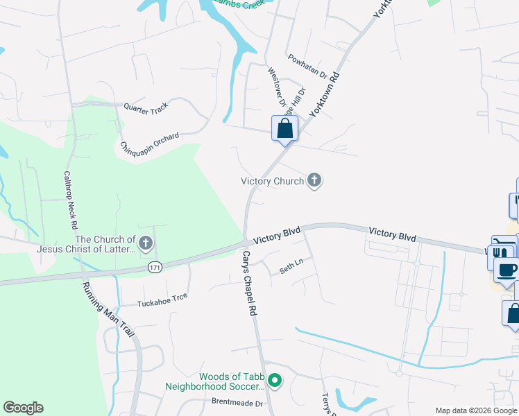 map of restaurants, bars, coffee shops, grocery stores, and more near 216 East Yorktown Road in Yorktown